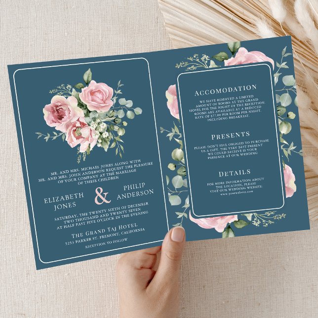 Blush Pink Floral Eucalyptus Dusty Blue Wedding Inbjudan (Skapare uppladdad)
