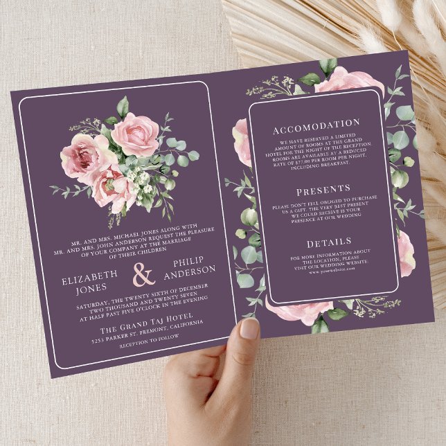 Blush Pink Floral Eucalyptus Dusty Purple Wedding Inbjudan (Skapare uppladdad)