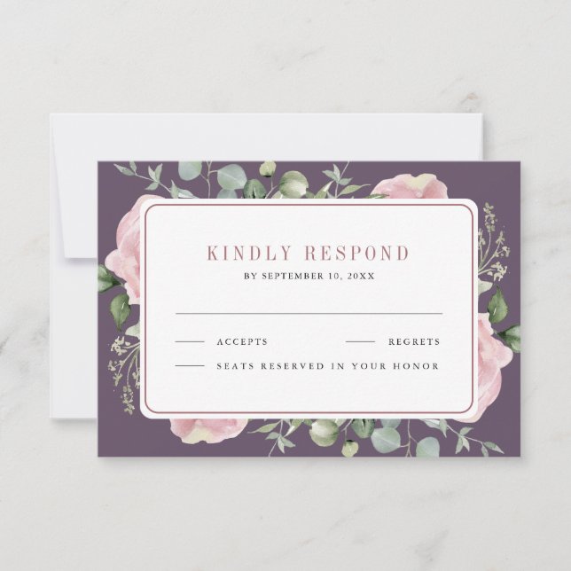 Blush Pink Floral Eucalyptus Dusty Purple Wedding OSA Kort (Framsida)