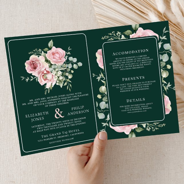 Blush Pink Floral Eucalyptus Emerald Green Wedding Inbjudan (Skapare uppladdad)