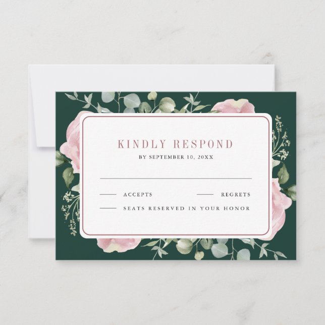 Blush Pink Floral Eucalyptus Emerald Green Wedding OSA Kort (Framsida)