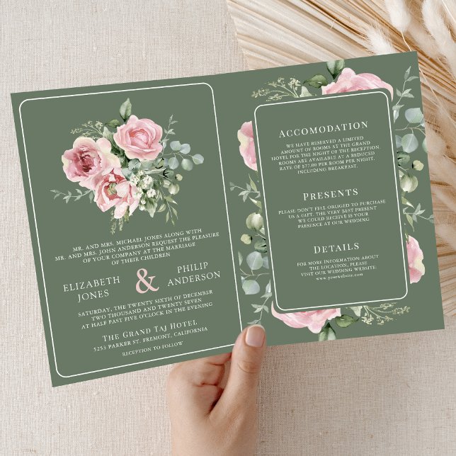Blush Pink Floral Eucalyptus Sage Green Wedding Inbjudan (Skapare uppladdad)
