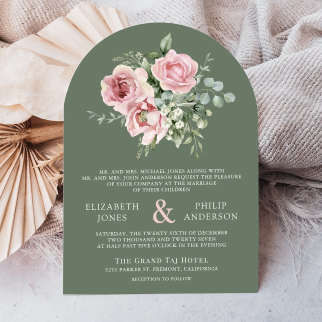 Blush Pink Floral Eucalyptus Sage Green Wedding Inbjudningar (Skapare uppladdad)