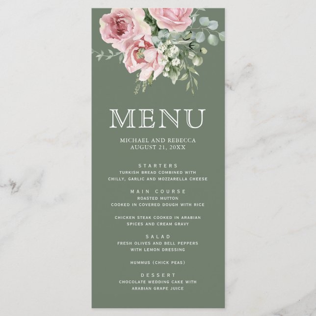 Blush Pink Floral Eucalyptus Sage Green Wedding Meny (Framsida)