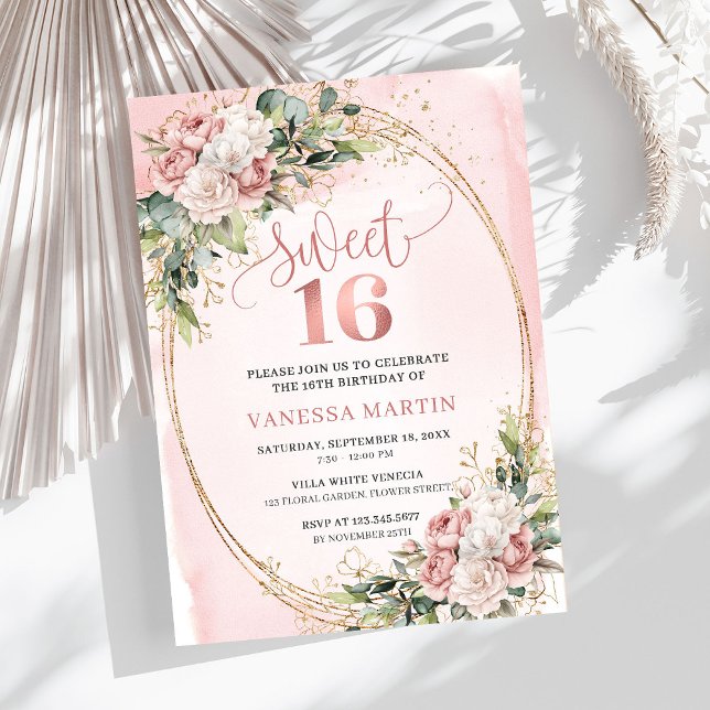 Blush Pink Floral Eucalyptus Sweet 16 Birthday  Inbjudningar (Blush Pink Floral Eucalyptus Sweet 16 Birthday Invite)
