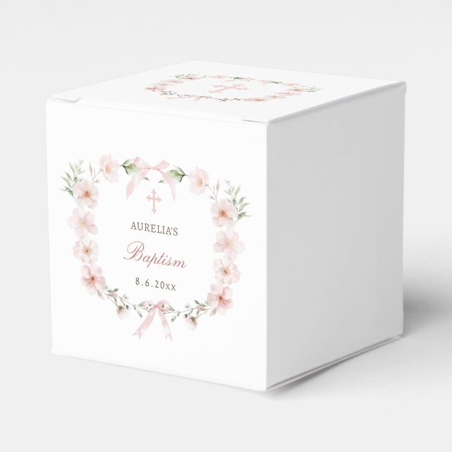 Blush Pink Floral Frame Baptism Cube Presentaskar (Framsidan Sidan)
