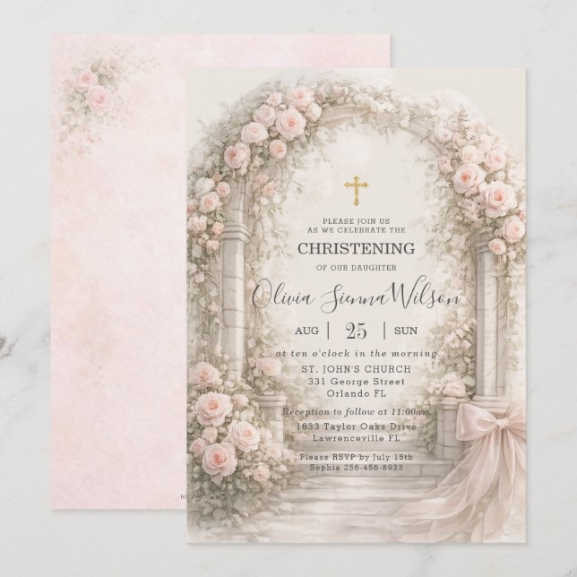 Blush Pink Floral Garden Bow Baptism Christening Inbjudningar (Fram/baksida)
