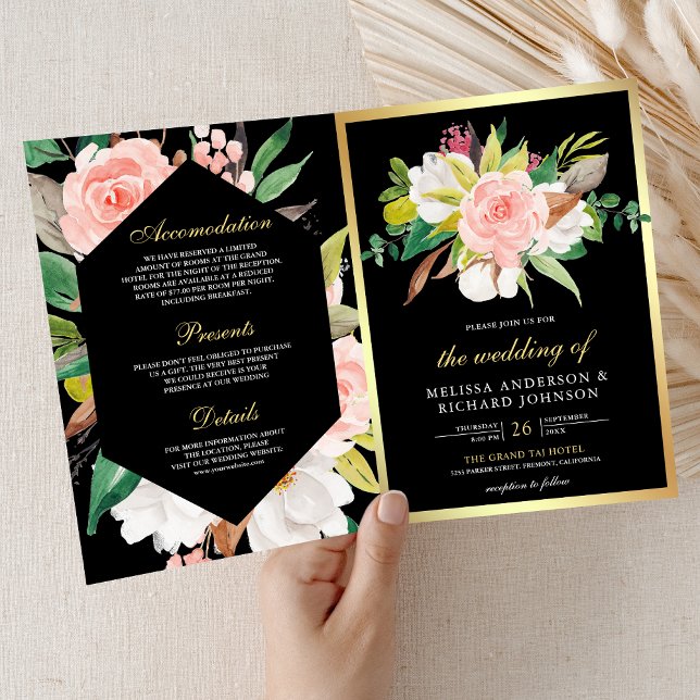 Blush Pink Floral Gold Black QR Code Wedding Inbjudan (Skapare uppladdad)