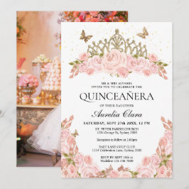 Blush Pink Floral Gold Tiara Photo Quinceanera Inbjudningar