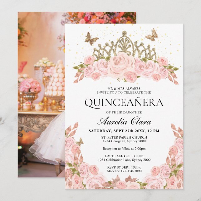 Blush Pink Floral Gold Tiara Photo Quinceanera Inbjudningar (Fram/baksida)
