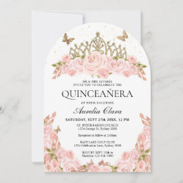Blush Pink Floral Gold Tiara Quinceanera Arch Inbjudningar