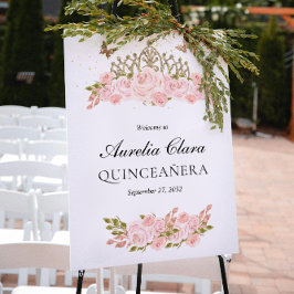 Blush Pink Floral Gold Tiara Quinceanera Welcome Poster