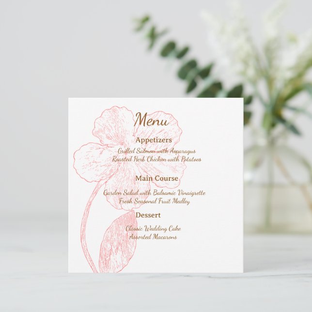 Blush Pink Floral Line Art Wedding Menu Card Meny (Stående Fram)