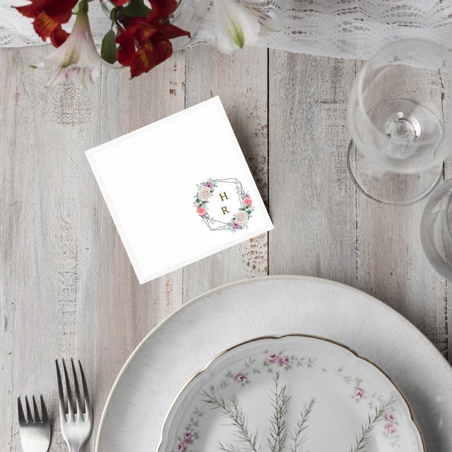 Blush Pink Floral Monogram Wedding Cocktail Napkin Pappersservett (Skapare uppladdad)