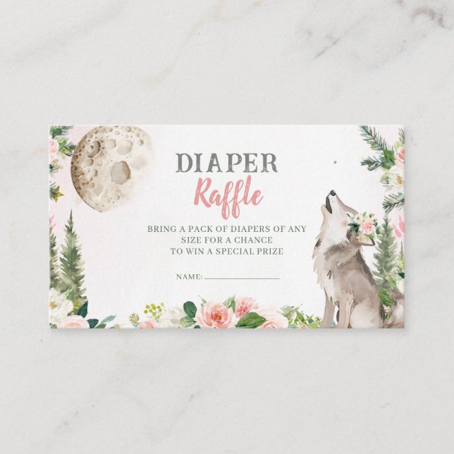 Blush Pink Floral Moon Forest Wolf Diaper Raffle Tilläggskort (Framsida)