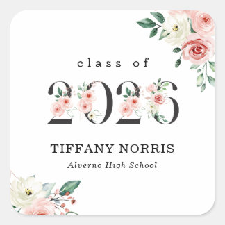 Blush Pink Floral Numbers Graduation Sticker Fyrkantigt Klistermärke