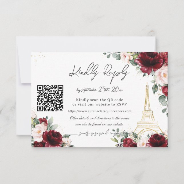 Blush Pink Floral Paris Eiffel Quinceañera QR  OSA Kort (Framsida)