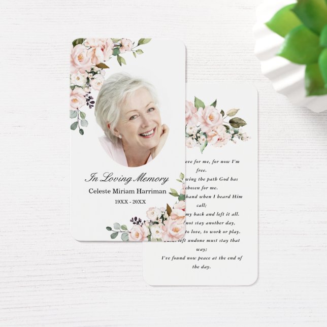 Blush Pink Floral Photo Funeral Prayer Card Visitkort (Skivbord)