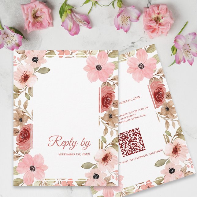 Blush Pink Floral QR Code Wedding Reply By OSA Kort (Blush Pink Floral QR Code Wedding Reply By RSVP Card)