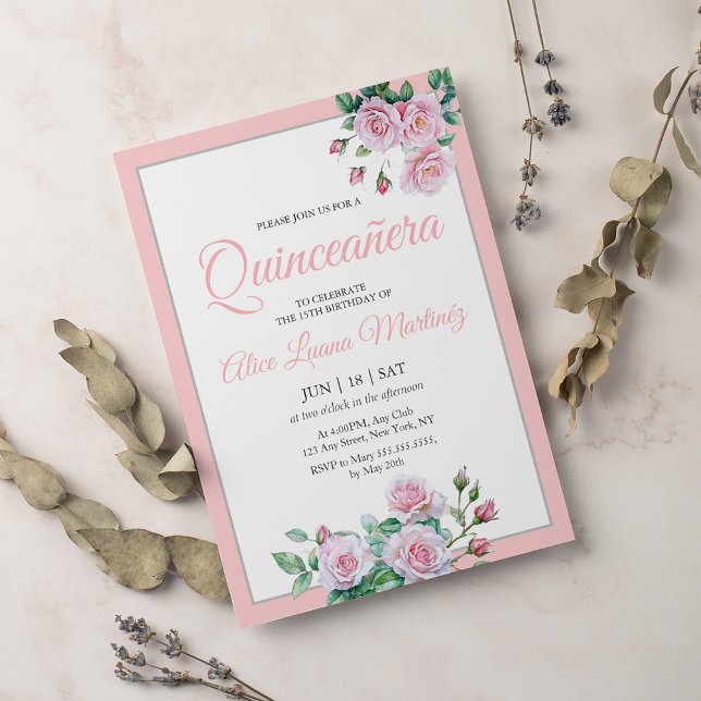 Blush Pink Floral Quinceanera Celebration  Inbjudningar (Skapare uppladdad)