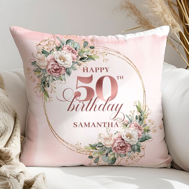 Blush Pink Floral Rose Gold 50th Birthday Pillow  Kudde (Blush Pink Floral Rose Gold 50th Birthday Pillow Gift)