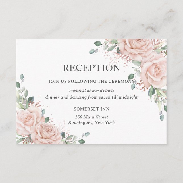 Blush Pink Floral Rose Gold Wedding Reception Tilläggskort (Framsida)