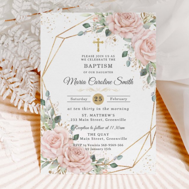 Blush Pink Floral Roses Gold Cross Baptism  Inbjudningar (Skapare uppladdad)