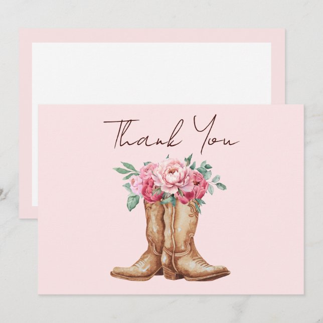 Blush Pink Floral Rustic Cowboy Boots Thank You Tack Kort (Fram/baksida)