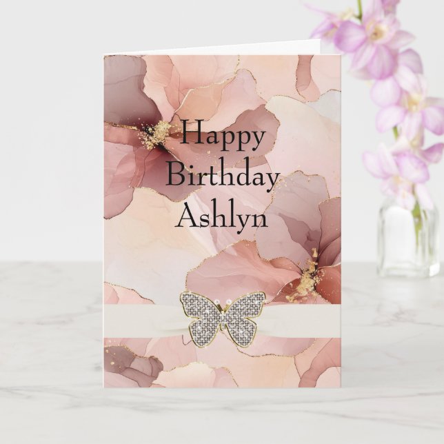 Blush Pink Floral Sparkle Butterfly Birthday Kort (Orkide)