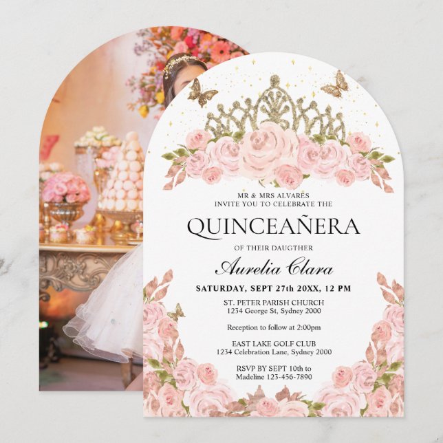 Blush Pink Floral Tiara Quinceanera Photo Arch Inbjudningar (Fram/baksida)