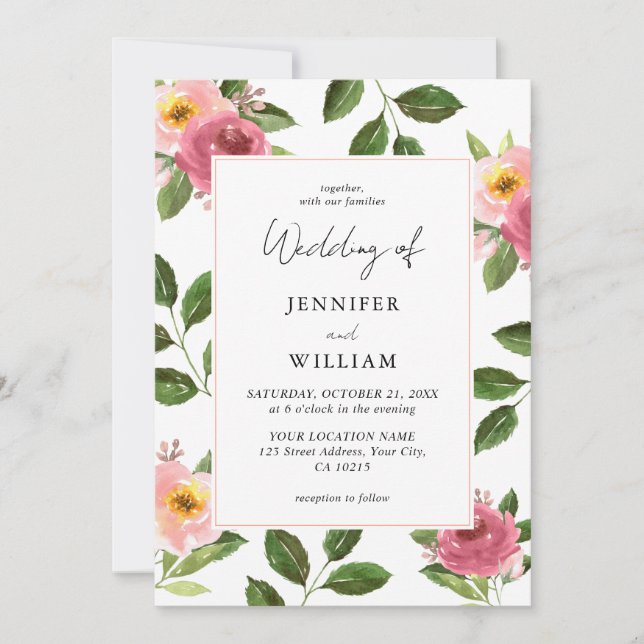 Blush Pink Floral Watercolor Wedding  Inbjudningar (Framsida)