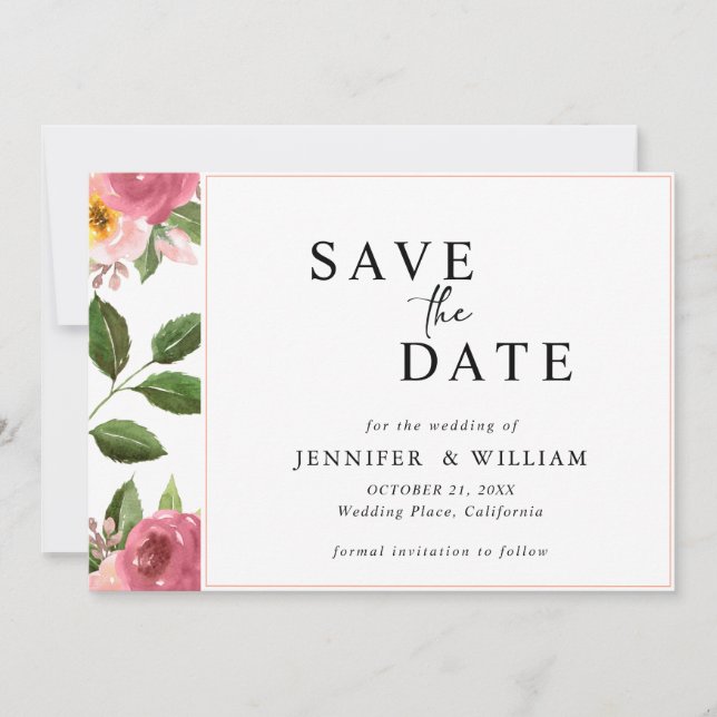Blush Pink Floral Watercolor Wedding  Spara Datumet (Framsida)