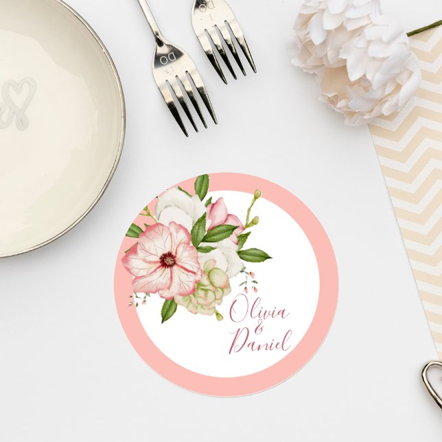 Blush Pink Floral Wedding Coaster Underlägg Papper Rund (Skapare uppladdad)
