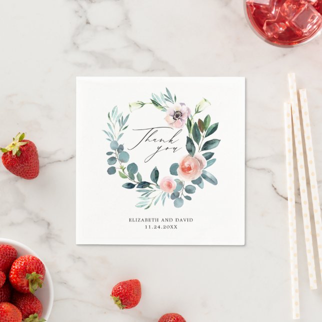 Blush Pink Floral Wreath Script Thank You Wedding Pappersservett (Insitu)