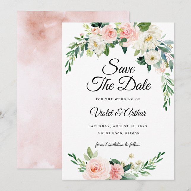 Blush Pink Floral Wreath Wedding Save The Date  Inbjudningar (Fram/baksida)