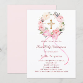 Blush pink florals bow cross First Communion Inbjudningar
