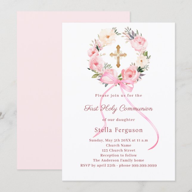 Blush pink florals bow cross First Communion Inbjudningar (Fram/baksida)