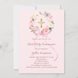 Blush pink florals bow cross First Communion Inbjudningar