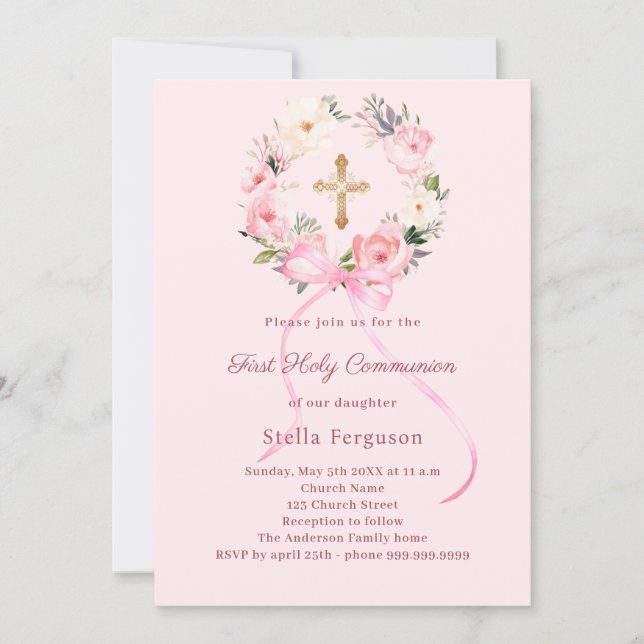 Blush pink florals bow cross First Communion Inbjudningar (Framsida)