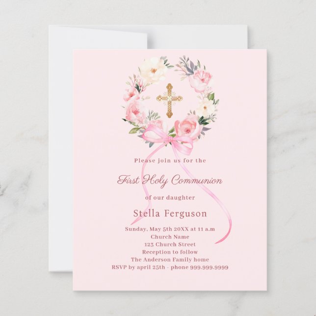 Blush pink florals bow First Communion invitation (Framsida)