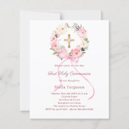 Blush pink florals bow First Communion invitation