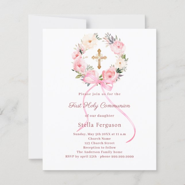 Blush pink florals bow First Communion invitation (Framsida)