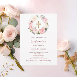 Blush pink florals cross Confirmation Inbjudningar