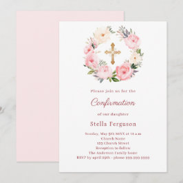 Blush pink florals cross Confirmation Inbjudningar