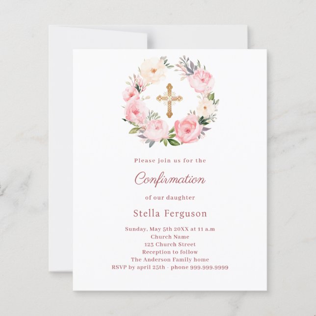 Blush pink florals cross Confirmation invitation (Framsida)