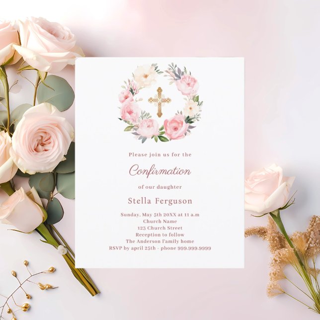 Blush pink florals cross Confirmation invitation (Skapare uppladdad)
