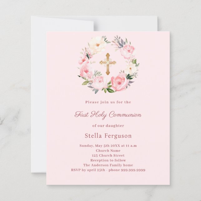 Blush pink florals cross First Communion (Framsida)