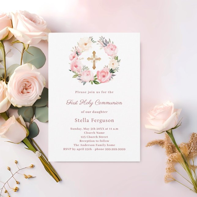 Blush pink florals cross First Communion Inbjudningar (Skapare uppladdad)