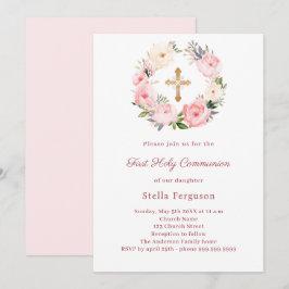 Blush pink florals cross First Communion Inbjudningar
