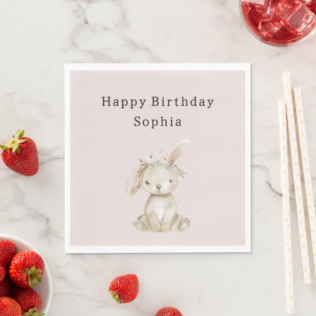Blush Pink Flowers Bunny Birthday Pappersservett (Insitu)